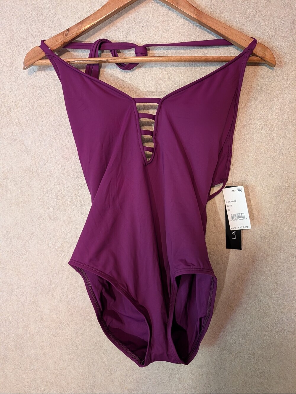 LA BLANCA plum purple plunge neck swimsuit sz 10 NWT